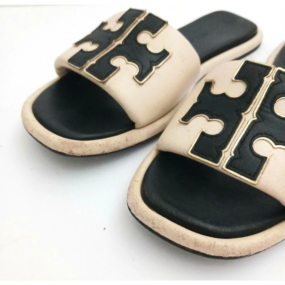 Tory Burch Double T Logo Sport Slide Cream/ Black Leather Wide Straps 7.5M